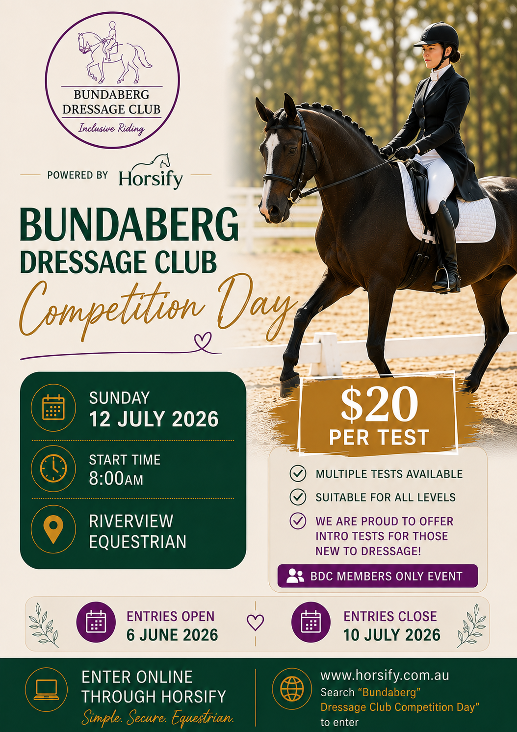Event flyer for Bundaberg Dressage Club Competition Day